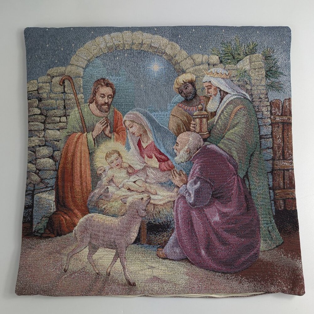 Tapestry Nativity Pillow Cover Metallic Thread Detail 17" Made in Spain